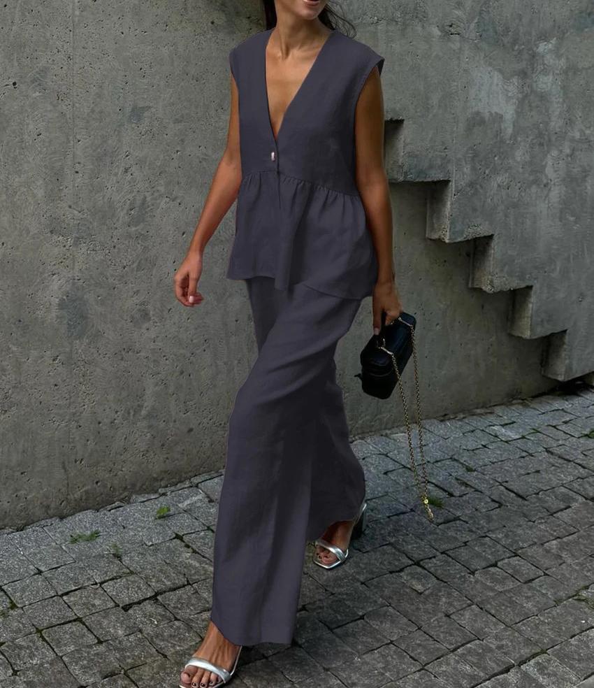 2025 cotton V-neck sleeveless top vest trousers set women's European and American new solid color temperament commuter two-piece set
