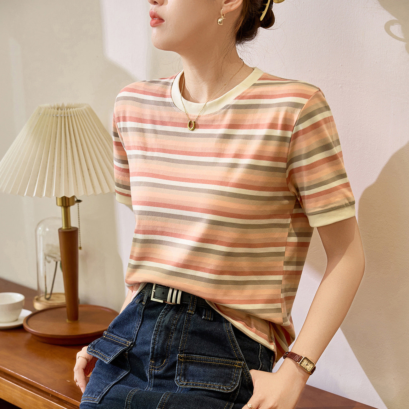 #Combed pure cotton #medium and long loose retro rainbow striped short-sleeved t-shirt women's summer 2026 new versatile top