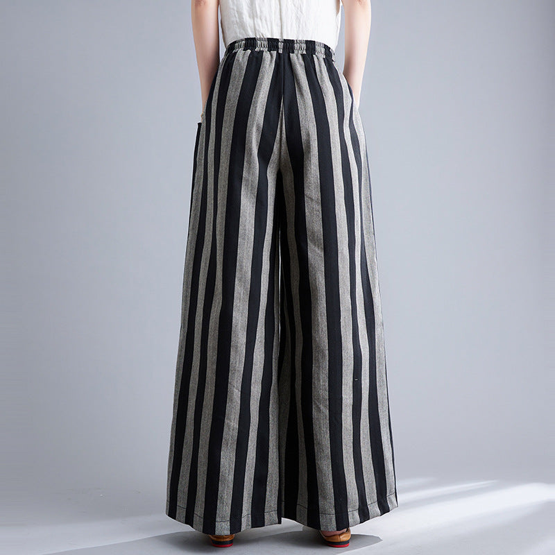 Real shot 2025 spring new retro literary loose striped elastic waist wide leg pants casual trousers women 8247