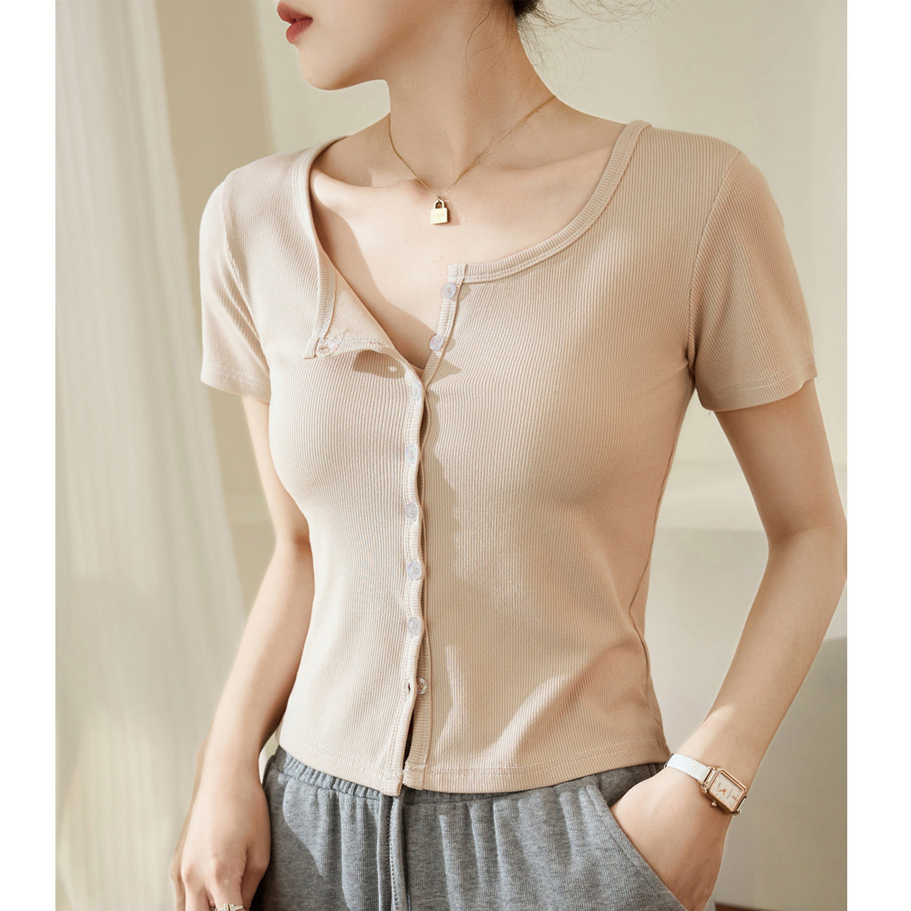 [High quality] Single-breasted button-up T-shirt women's short-sleeved 2026 summer new threaded cotton high-waisted short top