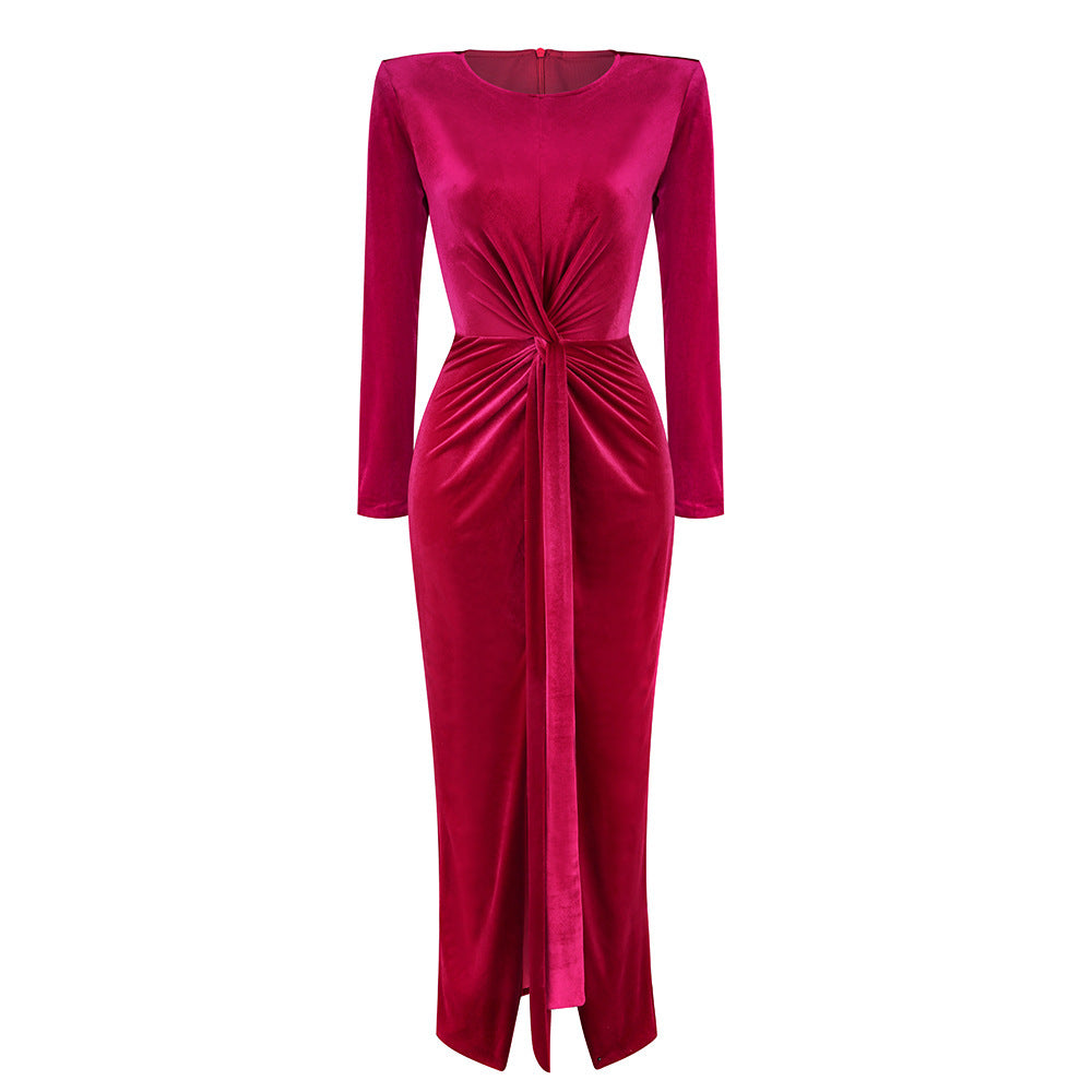 Amazon cross-border women's clothing crew neck velvet dress women's tight-fitting split evening dress dress long high waist and thin