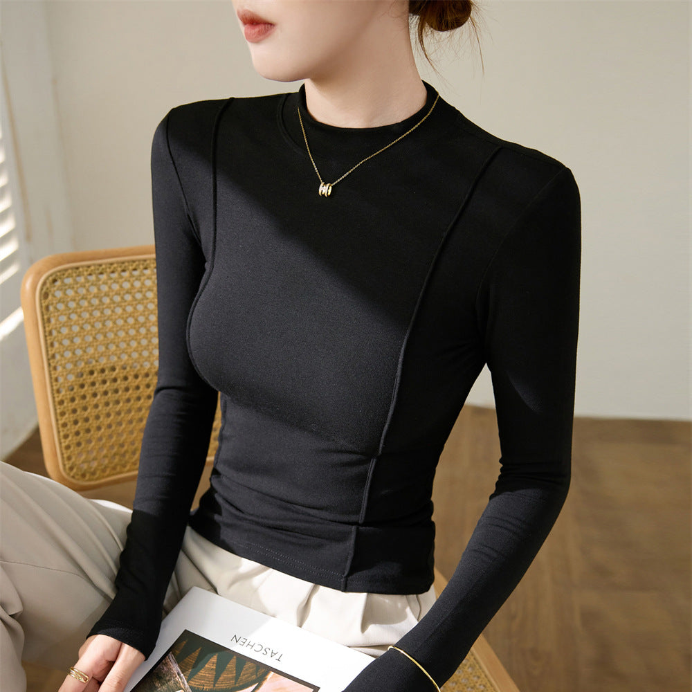 Maillard, high elastic and skin-friendly high-end design sense new small stand-up collar T-shirt women's autumn long-sleeved bottoming shirt temperament top