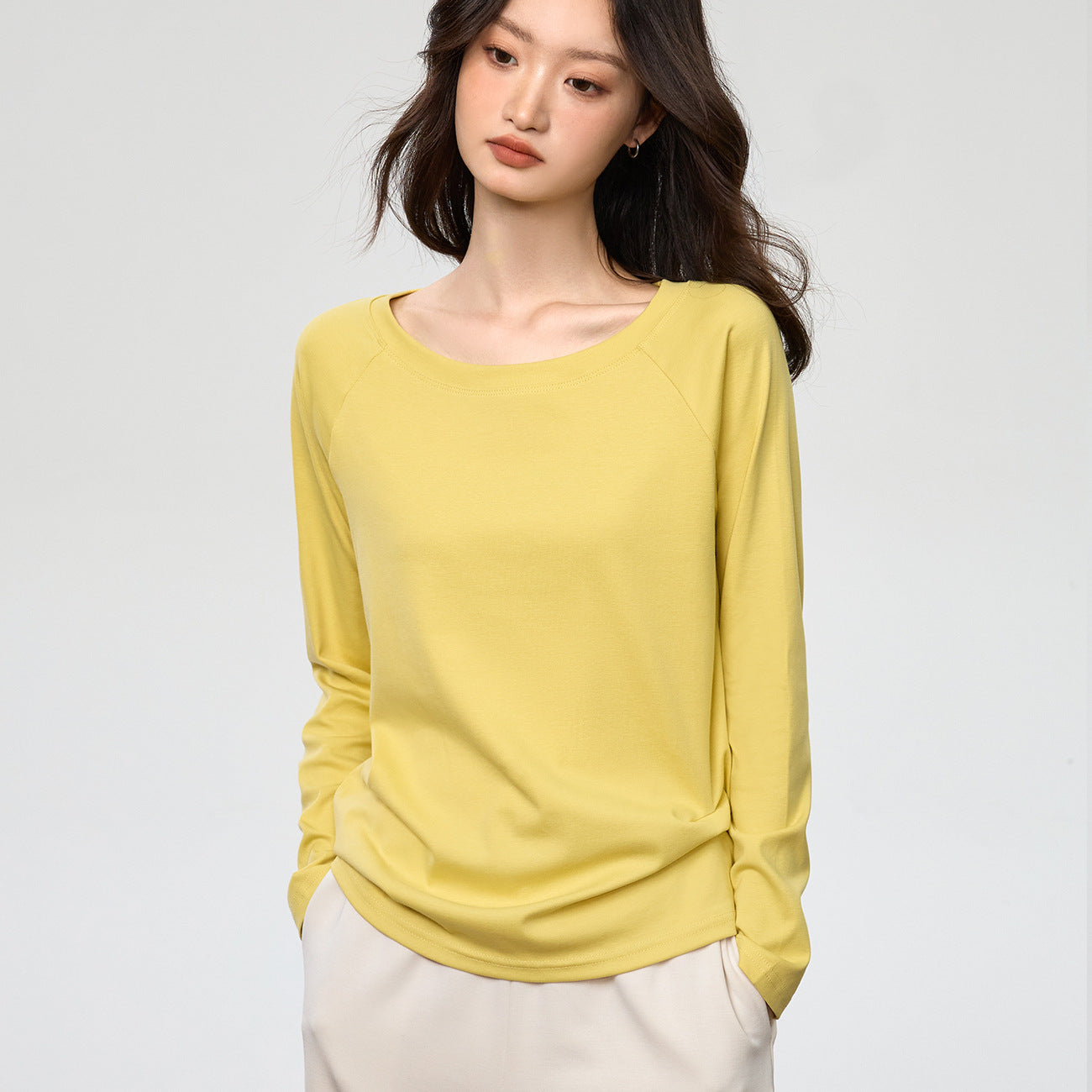 #40 combed cotton #slanted shoulder long-sleeved t-shirt women's early autumn round neck loose and thin one-word neck off-the-shoulder top