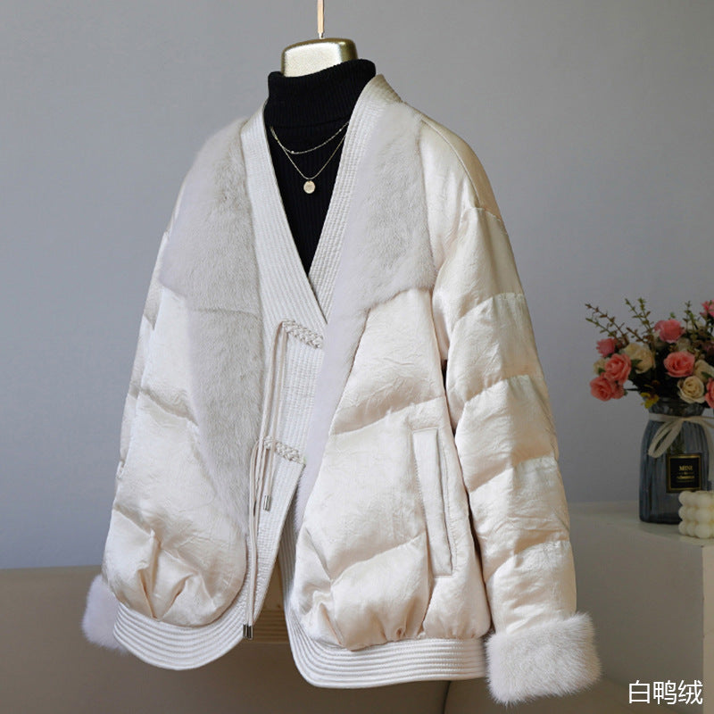 New Chinese-style imported full acetic acid splicing real fur fur goose down clothing V-neck autumn and winter down jacket foreign style advanced sense