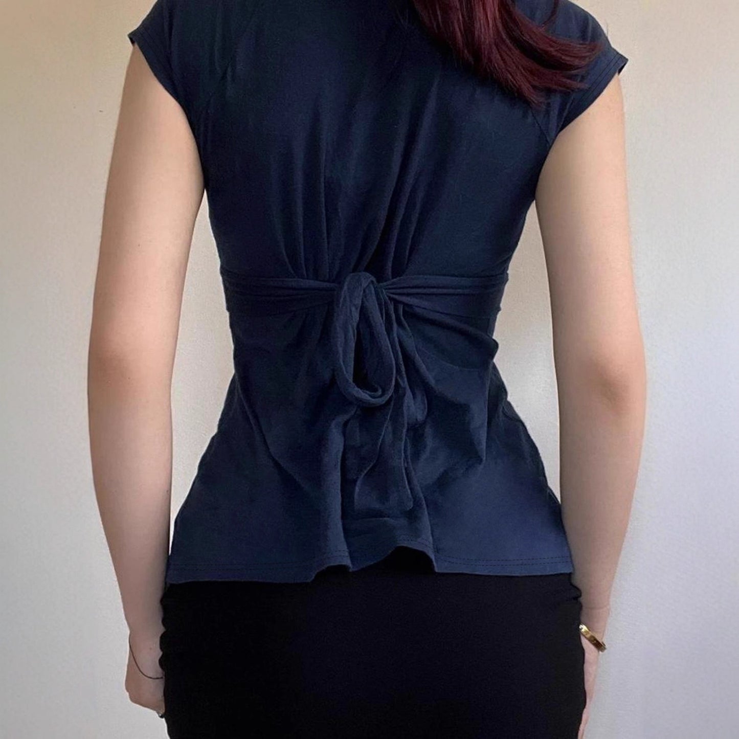 Love cloth forget pure desire style fashion splicing chest short-sleeved T-shirt Spice girl back strap bow base top