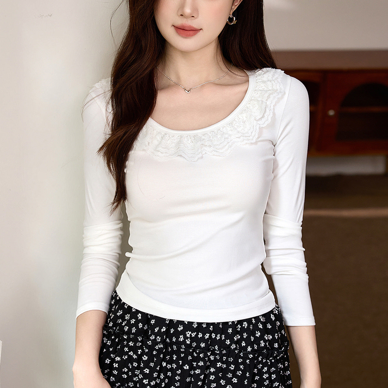 [Excellent Selection] Lace Lace Cotton T-Shirt Women's Long Sleeve 2026 Autumn New Pure Desire Sexy Bottom Shirt