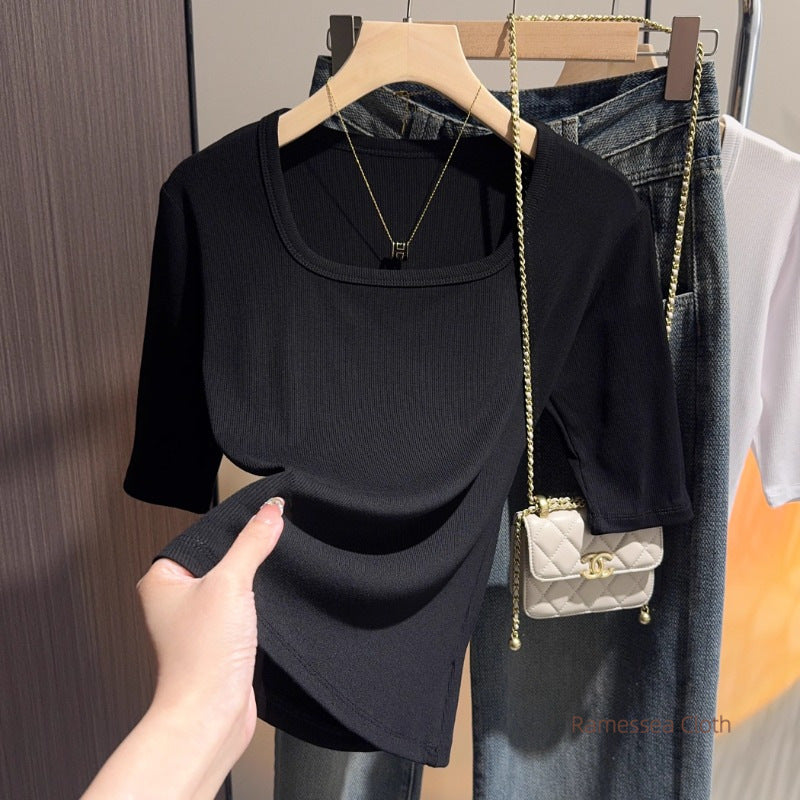 Black knitted square neck five-quarter-sleeved T-shirt for women's 2025 summer new slim-fitting medium-sleeved thin bottoming versatile top
