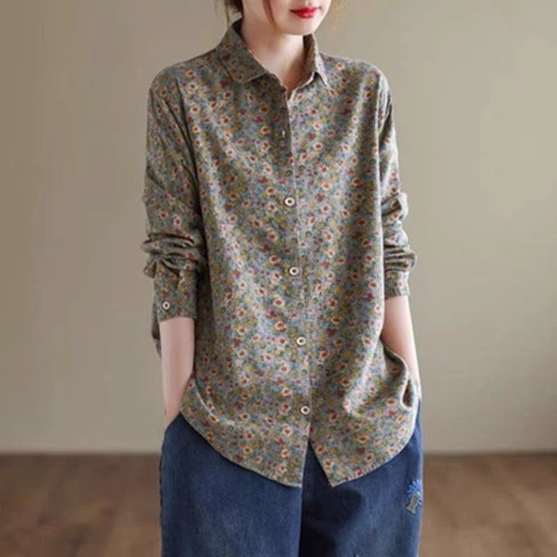 Spring 2024 new cotton and linen large size literary loose floral long-sleeved shirt top women #2022
