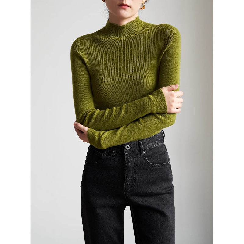 SHALLOW STREAMS autumn and winter seamless one-piece dark gray semi-turtleneck wool knitted sweater women's bottoming shirt top