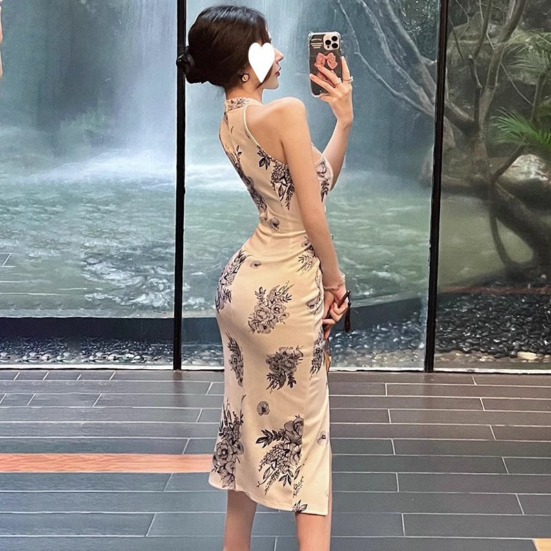 Improved cheongsam, young temperament, retro printing, daily wear, medium and long sexy hip-wrapped dress, summer