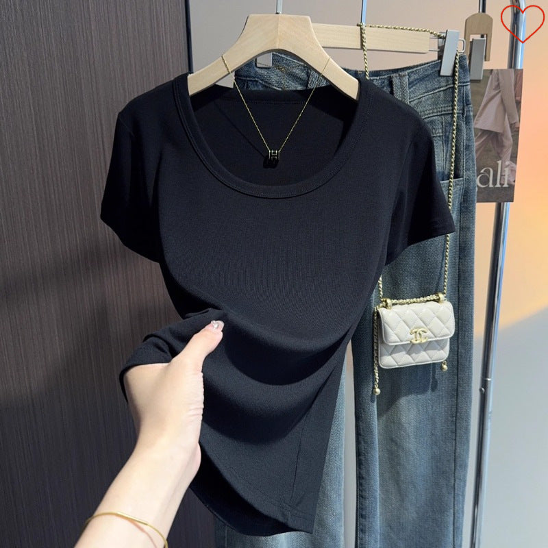 Gray blue u-neck short-sleeved t-shirt women's summer front shoulder Korean versatile tight round neck fashion bottoming shirt slim top
