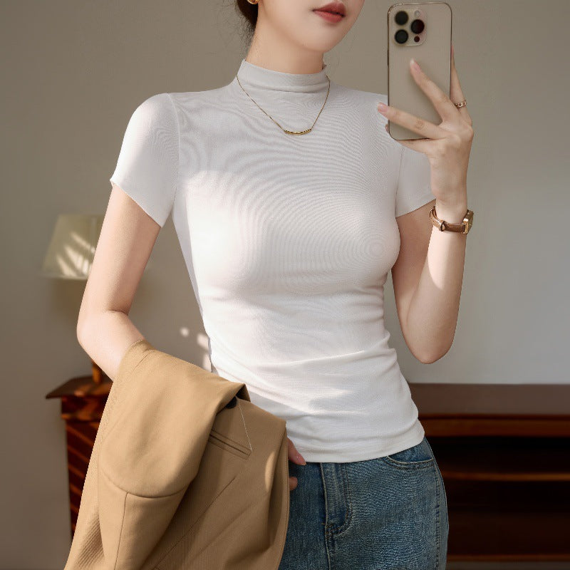 Dopamine summer short-sleeved T-shirt women's outfit semi-turtleneck base shirt thread knit slimming temperament straight shoulder top