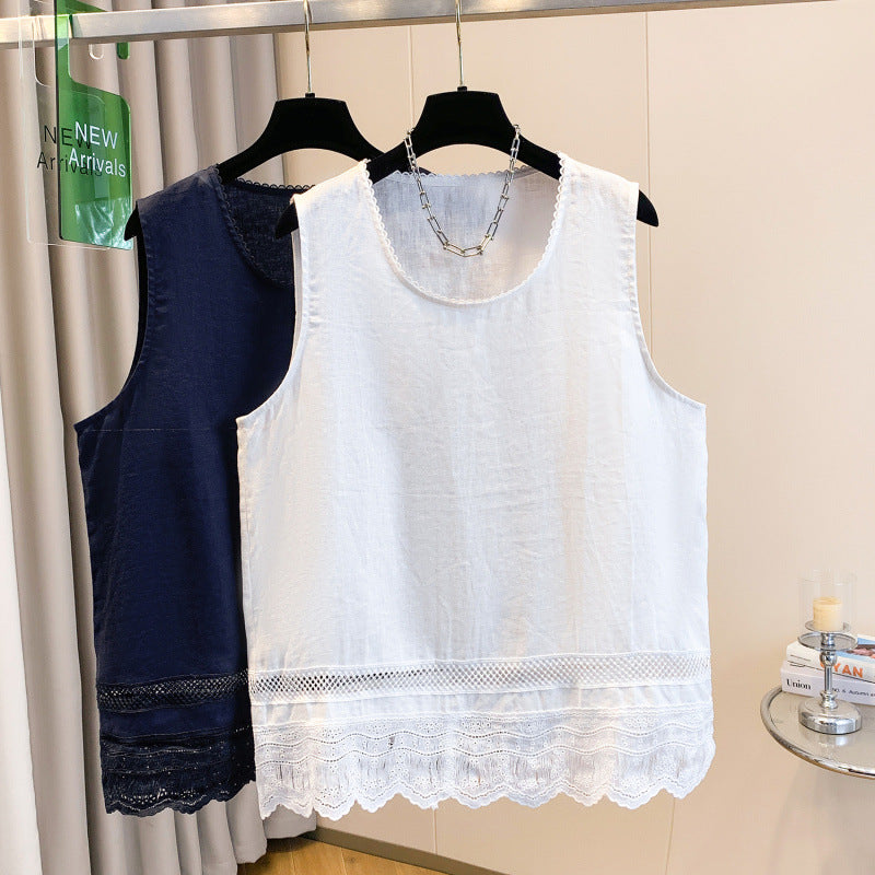Real shot 2025 summer thin lace lace round neck wear sleeveless vest shirt top T-shirt women