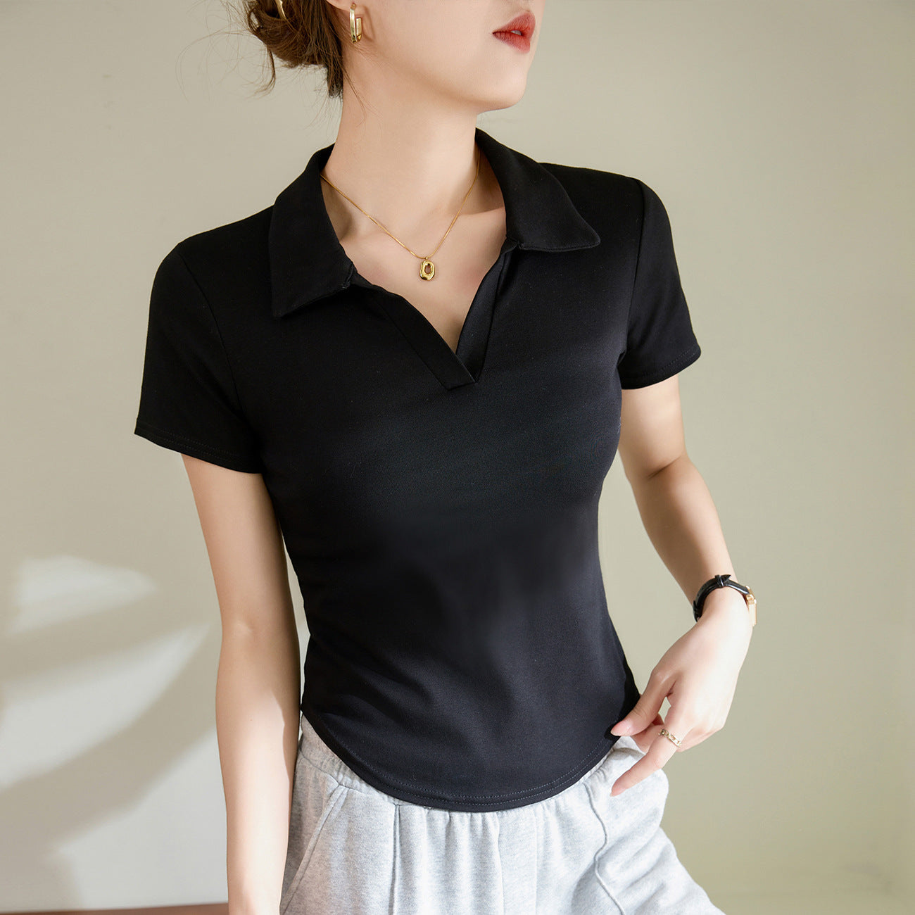 [High quality] Polo collar curved short-sleeved T-shirt women's summer 2026 new front shoulder slim-fit pure cotton top