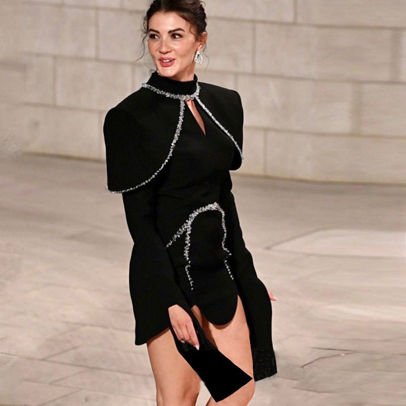 Cross-border new products Celebrity aristocratic banquet dress decorative diamond chain high neck irregular hem horn sleeve dress