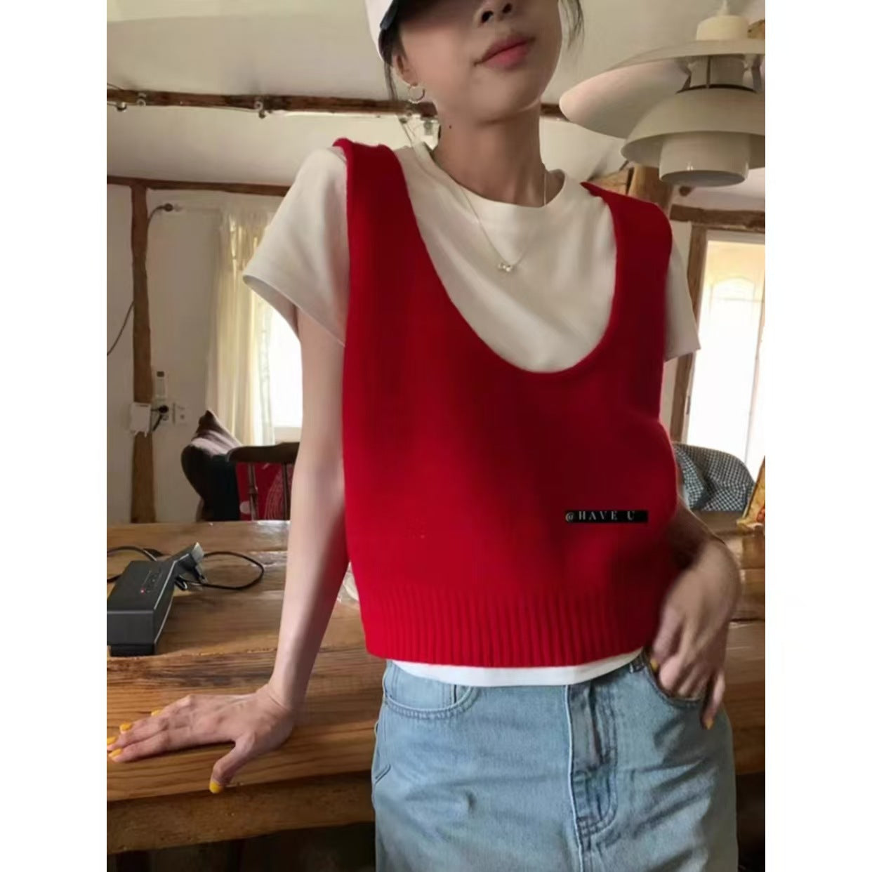 HAVE U wool knitted vest u neck elastic short small Korean ins wind wide shoulder strap stacked vest women