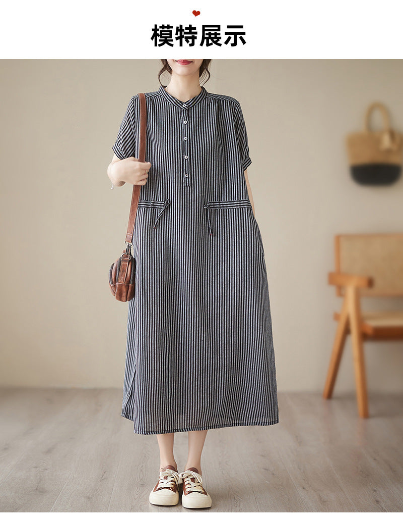 Real shot 2025 summer new simple literary loose and thin small stand-up collar medium and long dress women