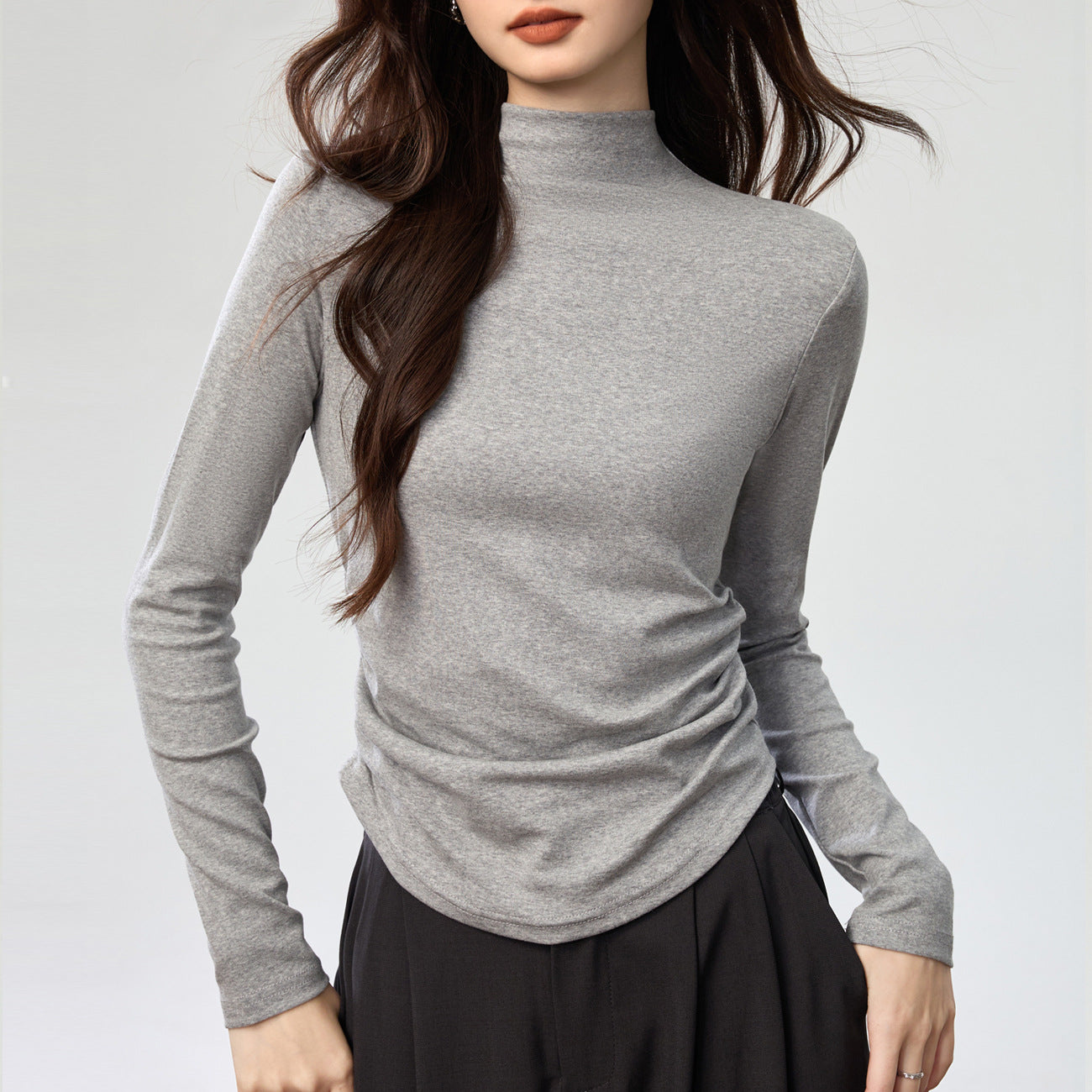 40 combed cotton, protein skin-friendly semi-turtleneck bottoming shirt, women's autumn long-sleeved T-shirt, thin waist pleated top
