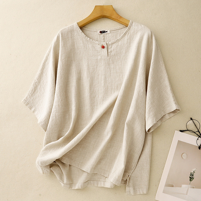 Real shot 2025 summer new literary loose solid color cotton and linen round neck short-sleeved T-shirt women's top 8056 #