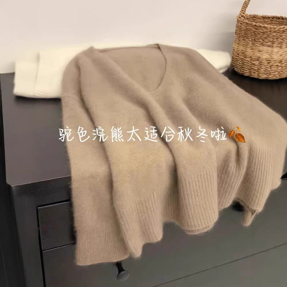 Blue v-neck soft waxy imitation raccoon fleece sweater women's autumn and winter loose lazy wind pullover knitted sweater high-end top