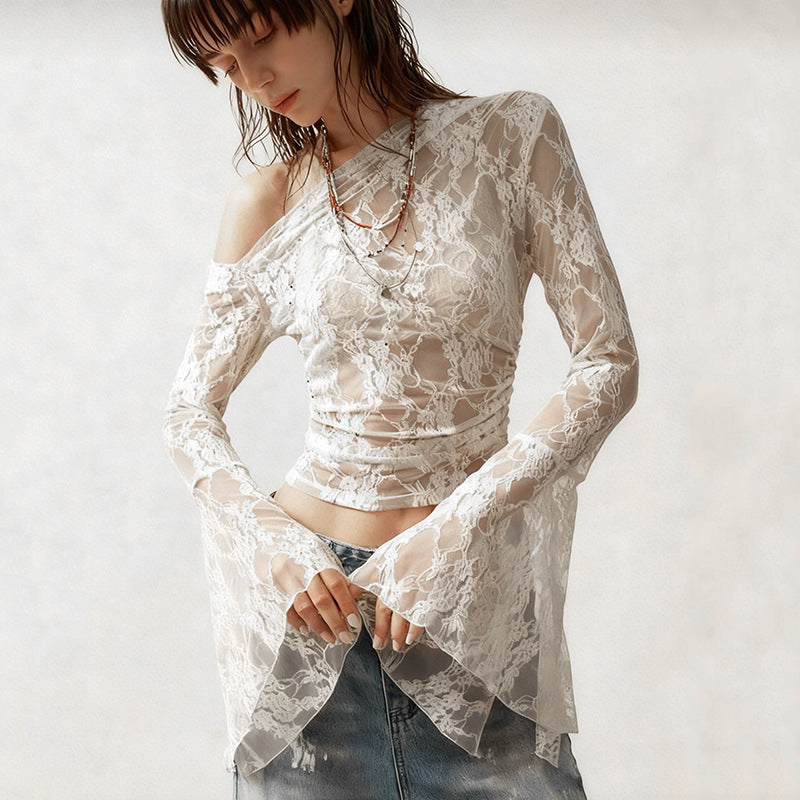 Pure desire sexy see-through lace jacquard horn sleeve T-shirt blouse irregular diagonal neck off-the-shoulder slim-fit thin top