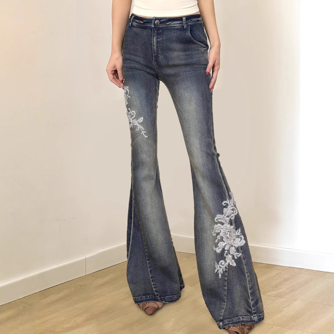 American street western denim style plant flower embroidery low waist micro pull pants Spice girl washed as old casual trousers