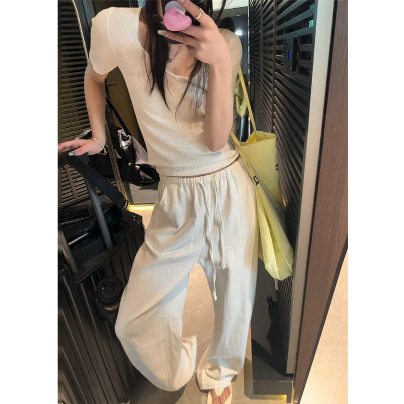 Washed ramie pants 2025 summer elastic waist drawstring casual cotton and linen wide-leg pants women's old money wind thin linen pants