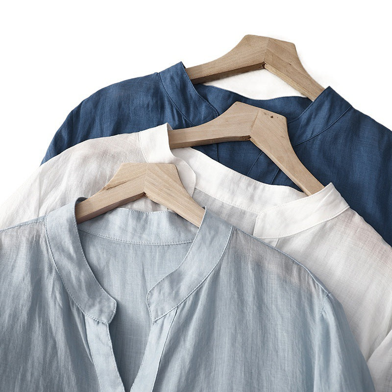 2025 summer new literary and retro loose casual solid color seven-quarter sleeve shirt top women's #22230