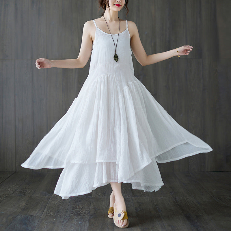 Real shot 2025 summer new literary large size loose solid color suspender dress women's irregular long dress 8237 #