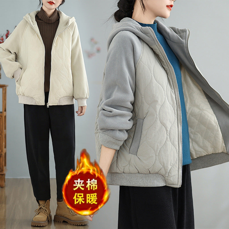 Real shot 2025 autumn and winter new casual simple Korean version thickened warm hooded splicing short jacket women's clothing