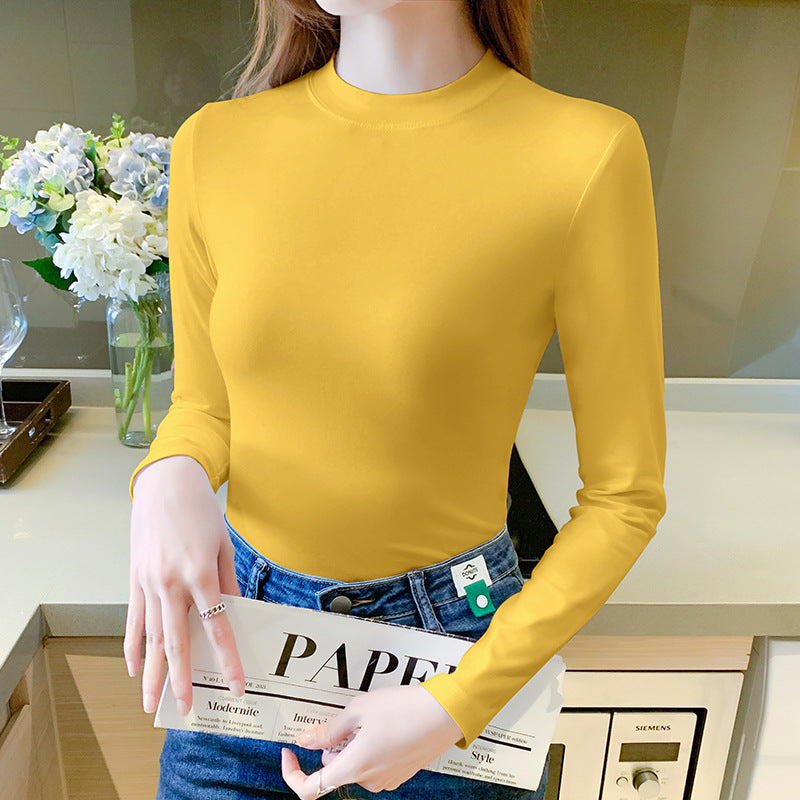 Slim white base shirt, women's semi-turtleneck, pure cotton long-sleeved T-shirt temperament, small stand-up collar top, versatile and slim