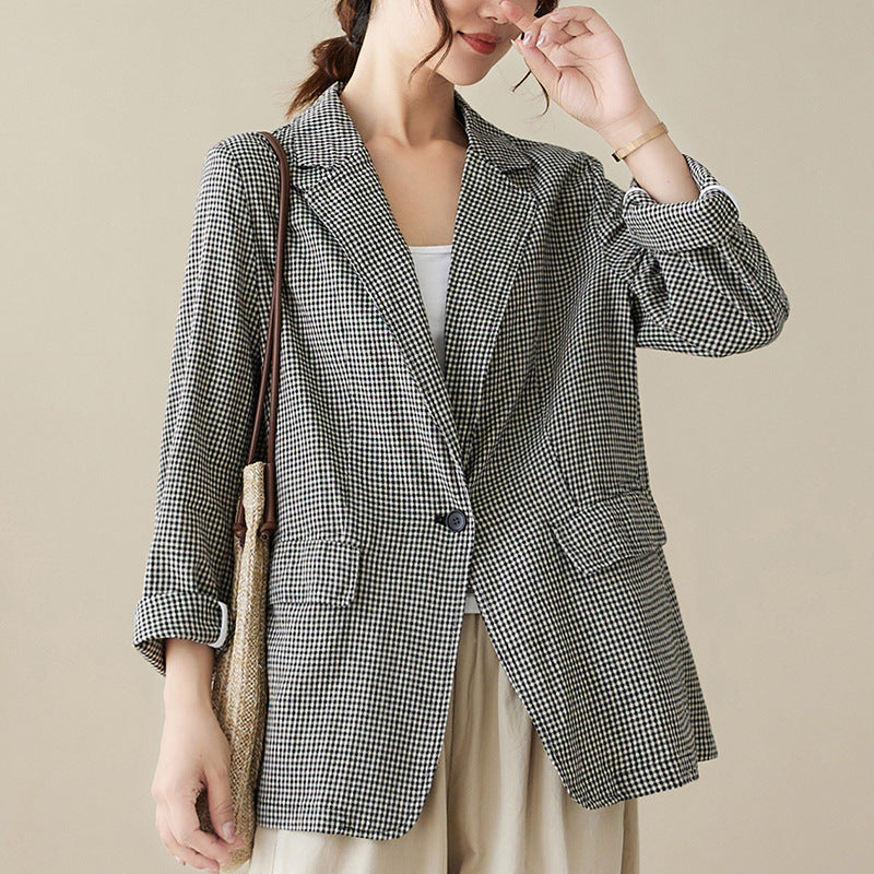 Real shot 2025 autumn literary and retro cotton and linen plaid jacket women's thin casual suit short top