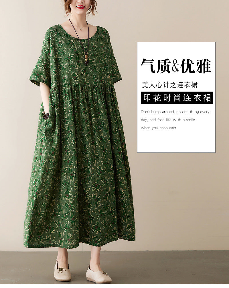 Real shot 2025 summer new literary large size loose printing round neck short-sleeved dress women's long dress #6238
