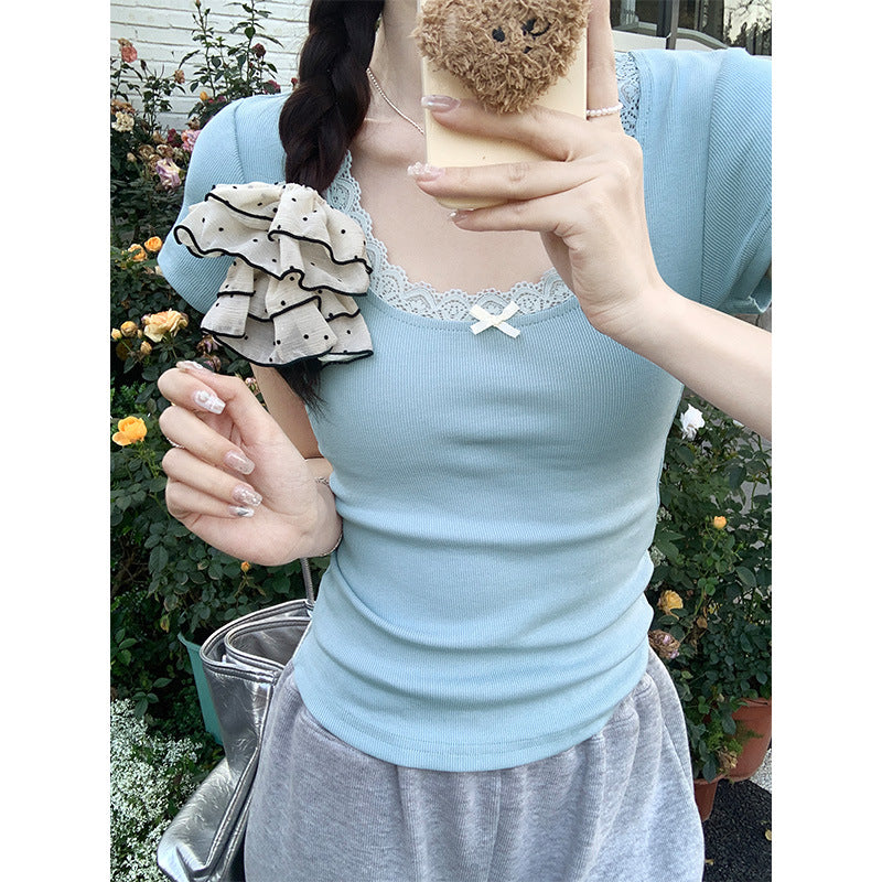 Ballet style pure desire gentle lace T-shirt women's 2026 summer new retro short-sleeved pure cotton bottoming shirt top