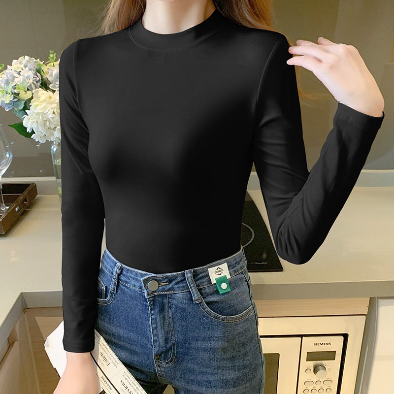 Slim white base shirt, women's semi-turtleneck, pure cotton long-sleeved T-shirt temperament, small stand-up collar top, versatile and slim