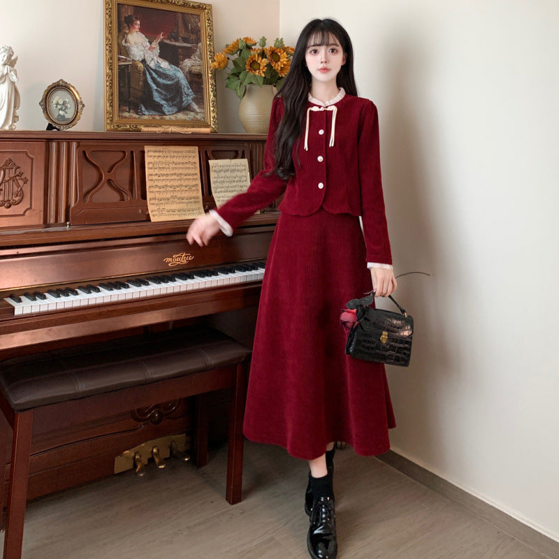 Large size French small fragrant style red corduroy fashion suit skirt women's autumn and winter temperament thin skirt two-piece set