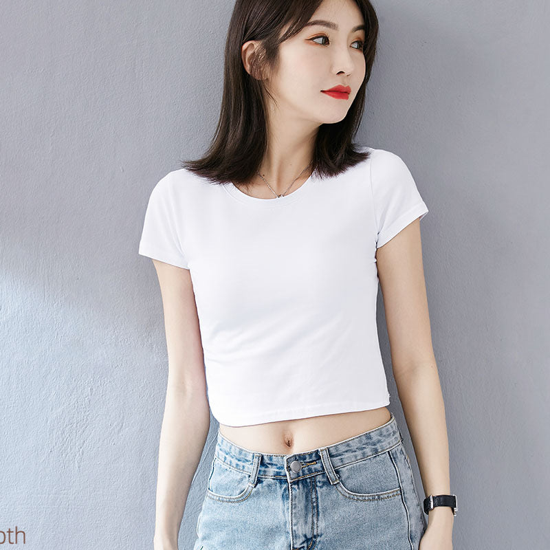 White sexy high-waisted short-sleeved t-shirt women's summer new slim-fitting and thin pure lust style versatile navel short top