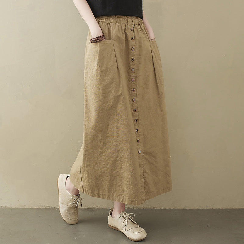 Real shot 2025 summer new literary loose solid color elastic waist skirt women's medium and long A-shaped skirt 2027 #