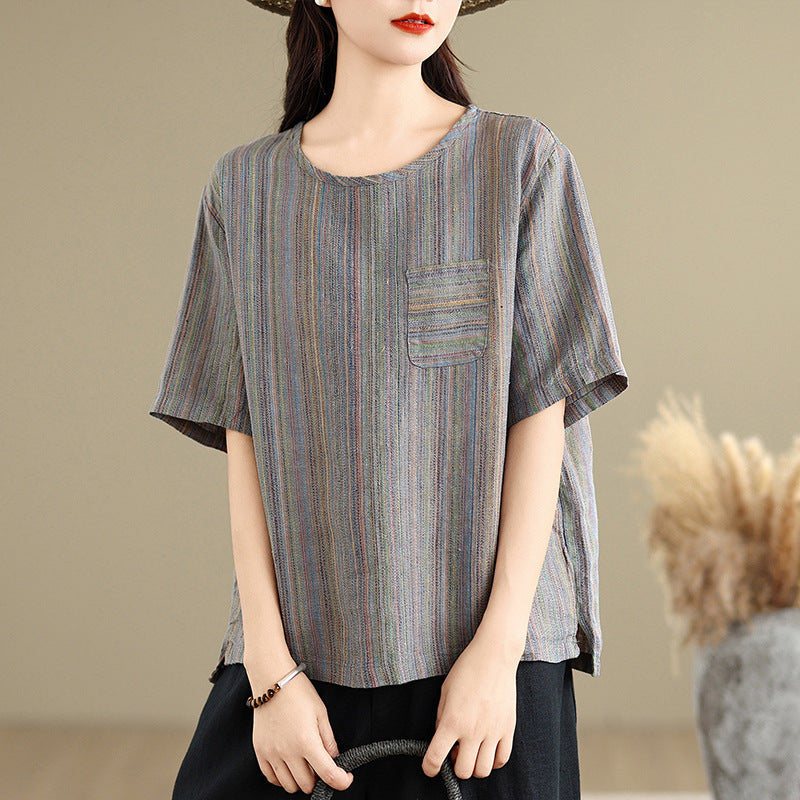 Real shot 2025 summer new cotton and linen literary retro striped short-sleeved shirt top T-shirt women