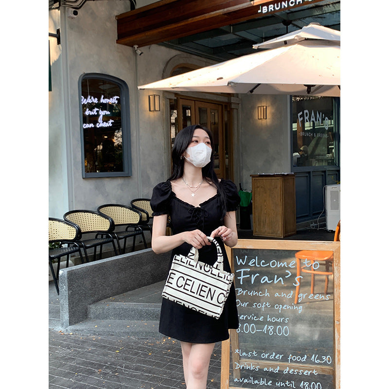 Square neck bubble sleeve dress women's summer Platycodon French design feeling waist thin red a-word short skirt