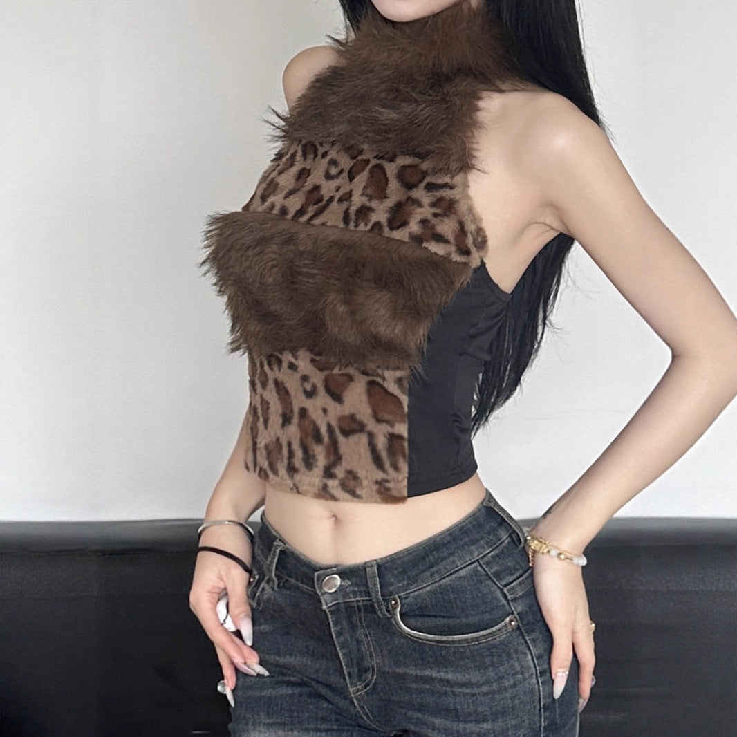 Love cloth forget hot leopard print fluff splicing turtleneck shoulder digging vest female hottie thin waist turtleneck top