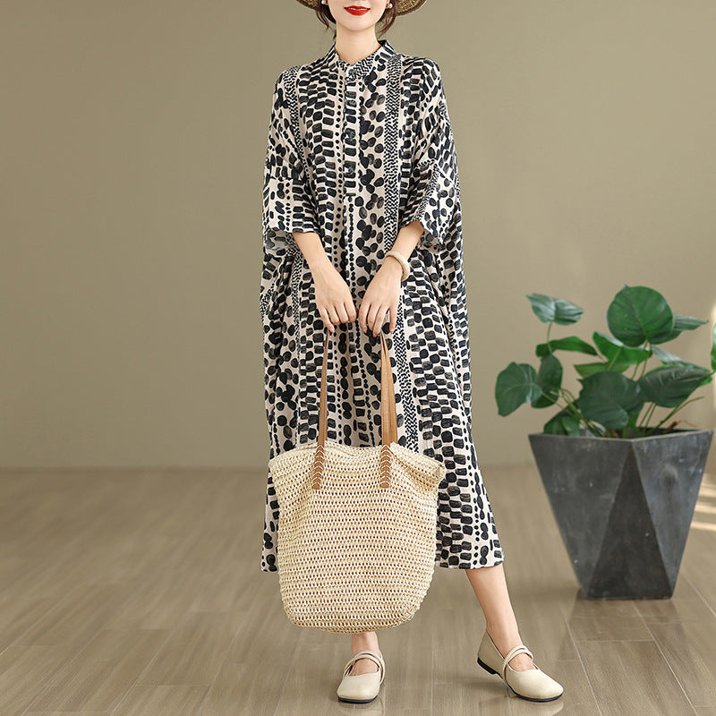 2025 autumn new literary and retro cotton and linen printing stand-up collar loose super long large size vacation dress women's clothing