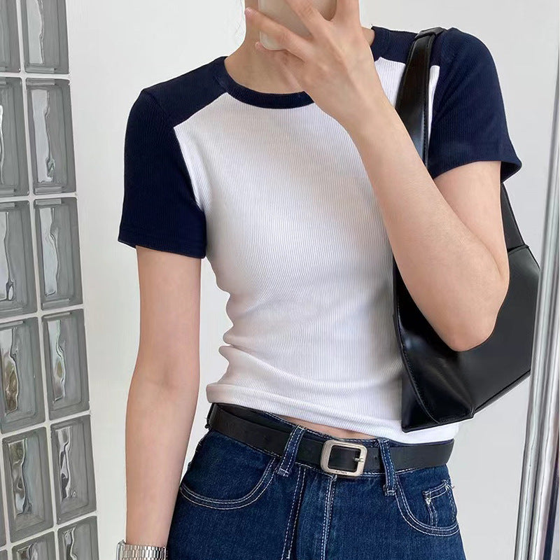 Foreign style splicing short-sleeved T-shirt women's summer design sense 2026 new slim-fit top retro threaded excellent cotton bottoming shirt