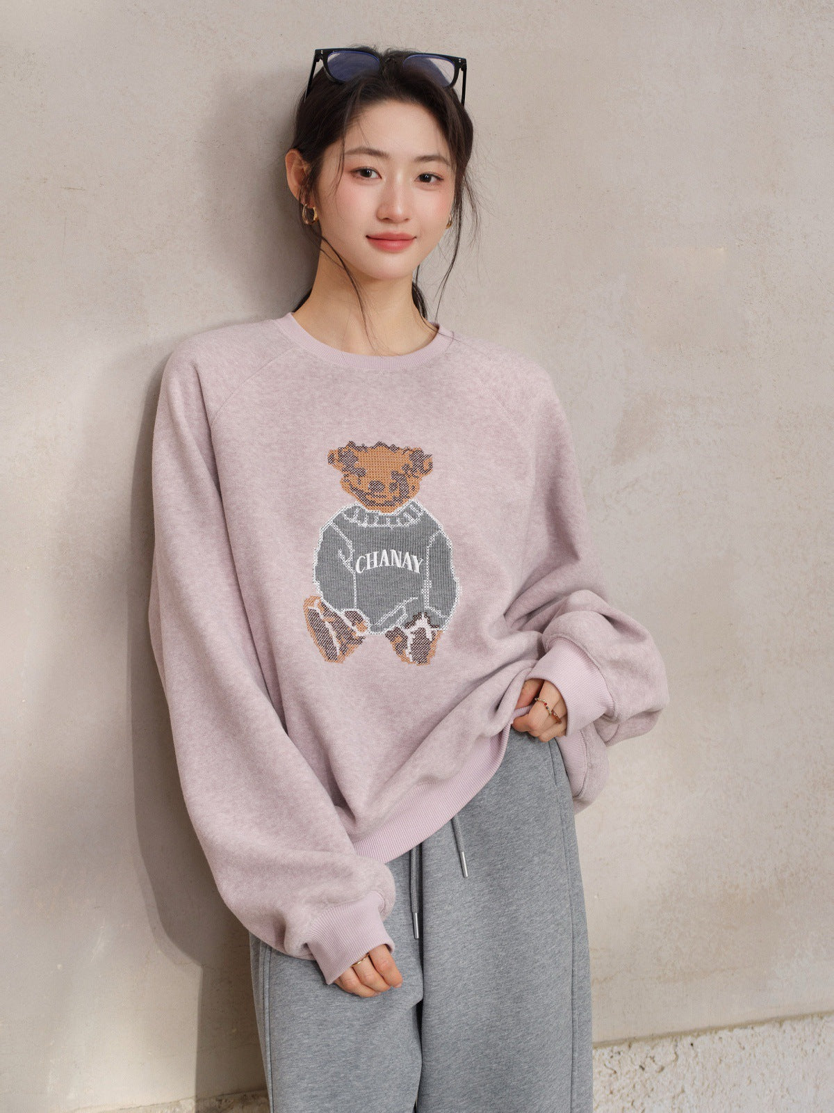 JOMI STUDIO Gentle Cream Purple, Cross Stitch Bear Crew Neck Sleeve Embroidered Sweater Women's Spring Top
