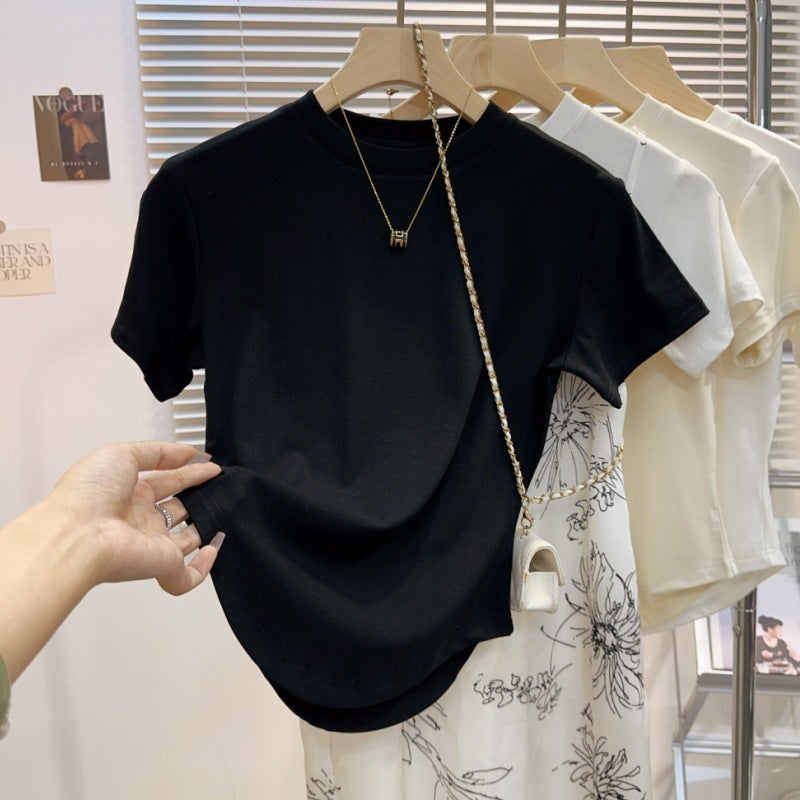 [A code packet of the released version] White hem curved ice silk short-sleeved t-shirt women's slim semi-turtleneck top