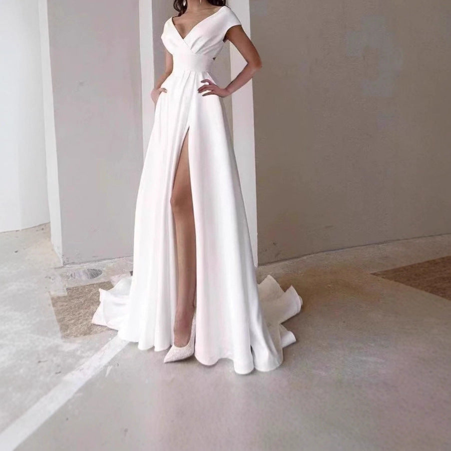 2025 spring and summer cross-border chest wrap V-neck ruffle edge mid-waist solid color temperament commuter dress evening dress