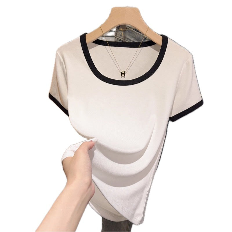 White front shoulder low neck contrasting color splicing short-sleeved T-shirt women's 2025 summer bottoming shirt u neck slim-fitting top