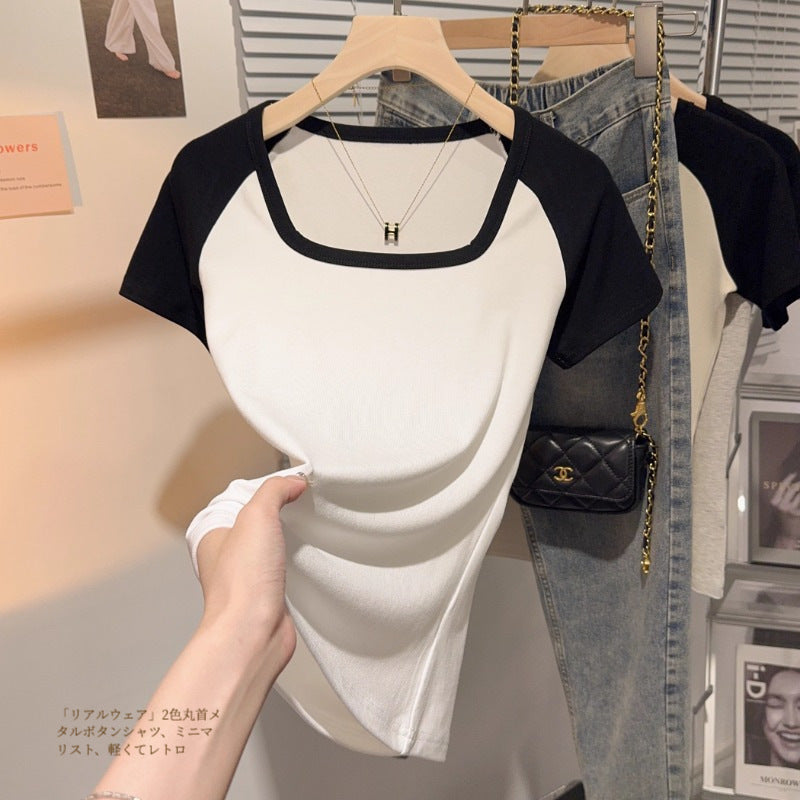Gray square collar contrasting color versatile slim-fitting short-sleeved T-shirt women's summer new temperament thin tights bottoming shirt