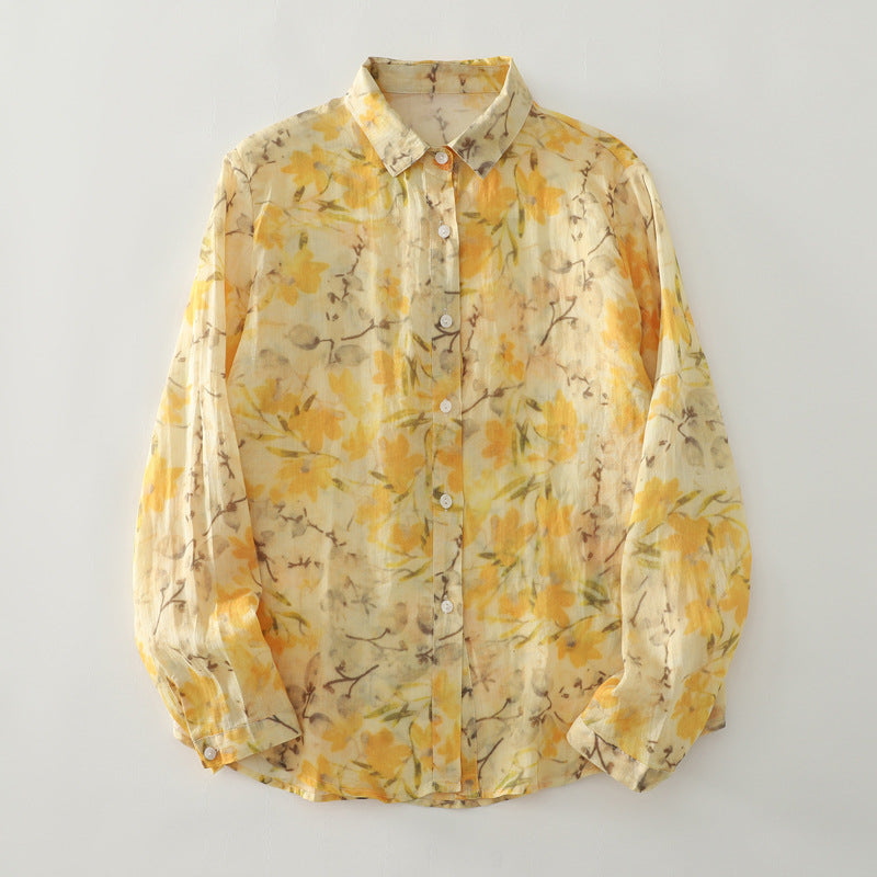 Real shot 2025 autumn new yellow floral French literary loose printing shirt top women