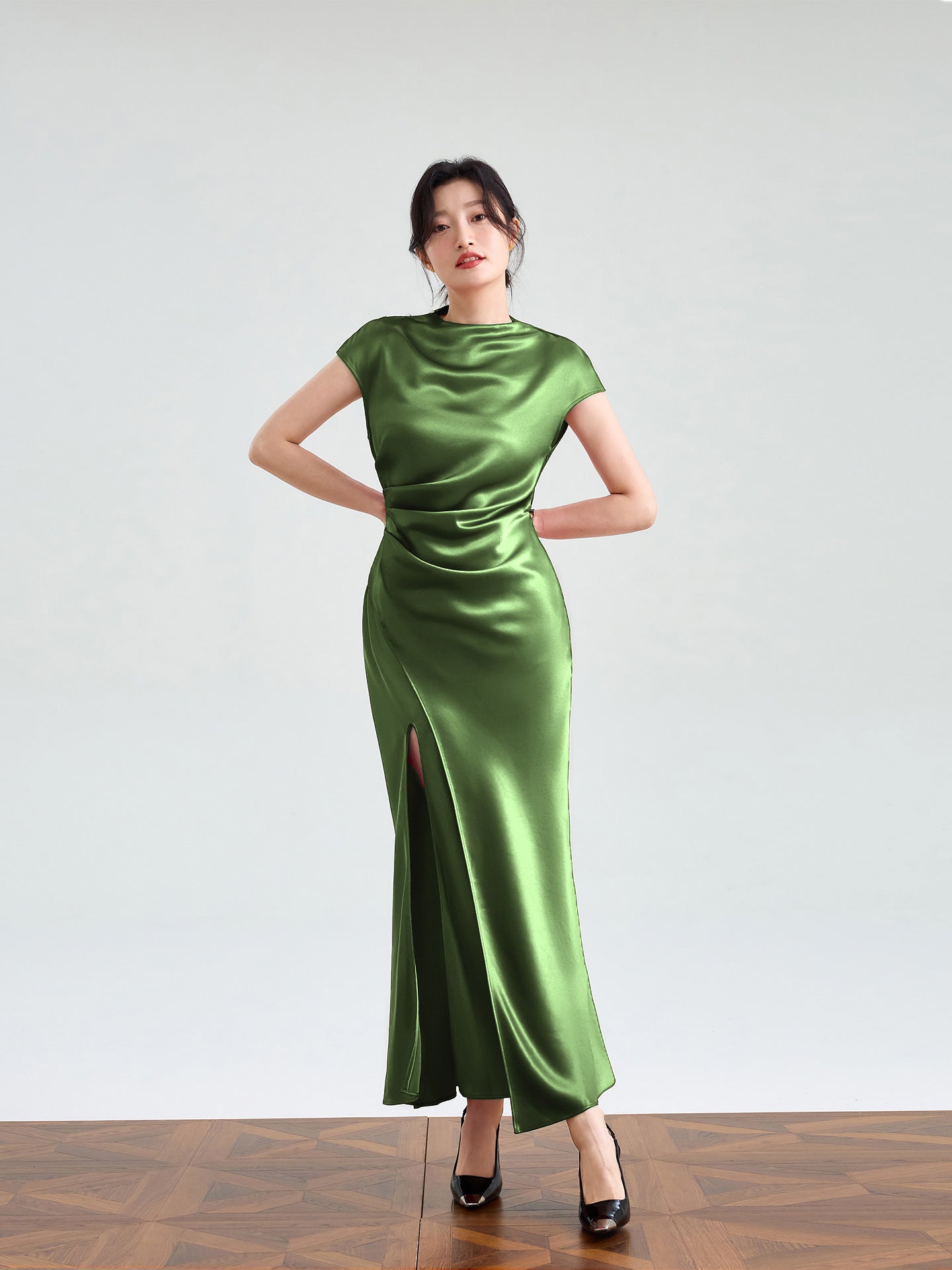 Haute couture imported acetic acid, pure desire style semi-turtleneck satin dress temperament thin split fork fish tail long dress French